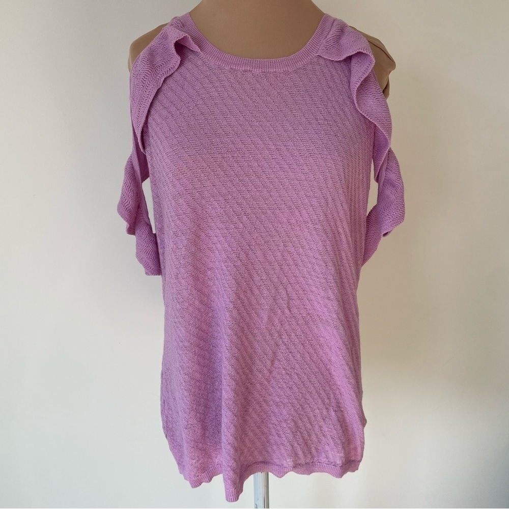 525 America Preppy Palm Purple Floating Ruffle Halter Top A2536 NWT Size Large